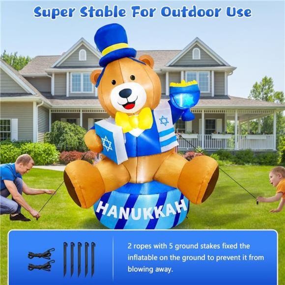 6 FT Hanukkah Inflatable Gentleman Bear Holding Menorah and Bible Outdoor Decor - Picture 5 of 6